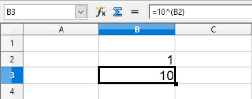 Inverse log(x) in cells in Calc spreadsheets