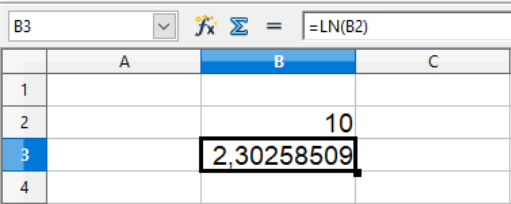 The natural logarithm in cells in Calc spreadsheets