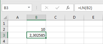 The natural logarithm in cells in Excel spreadsheets