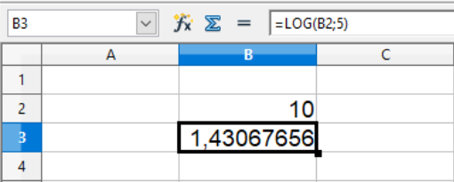 The base-5 logarithm in cells in Calc spreadsheets