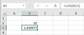 The base-5 logarithm in cells in Excel spreadsheets