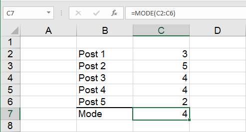 Mode using MODE() for values in cells in Excel spreadsheets