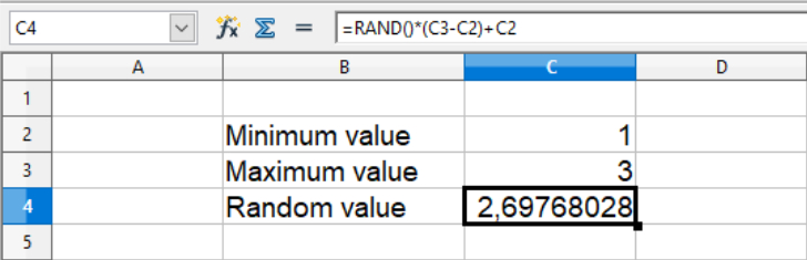 Random value generated in a specified interval in a Calc spreadsheet.