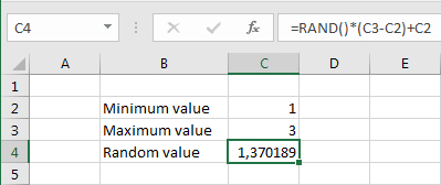 Random value generated in a specified interval in an Excel spreadsheet.