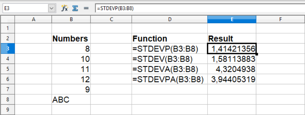The four types of standard deviations in Calc spreadsheets.