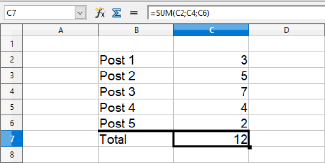 Summation of values in a collection of single cells in a Calc spreadsheet